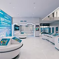 Spacious Modern Service Hall Interior Featuring Self Service Kiosks Benches Blue Walls And Glass Windows