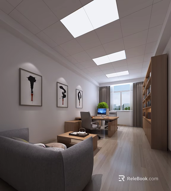Modern Office Interior With Desk Computer Chair Sofa Wall Art And Natural Light 3d model 