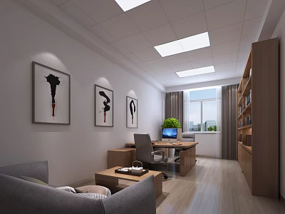 Modern Office Interior With Desk Computer Chair Sofa Wall Art And Natural Light 3d model