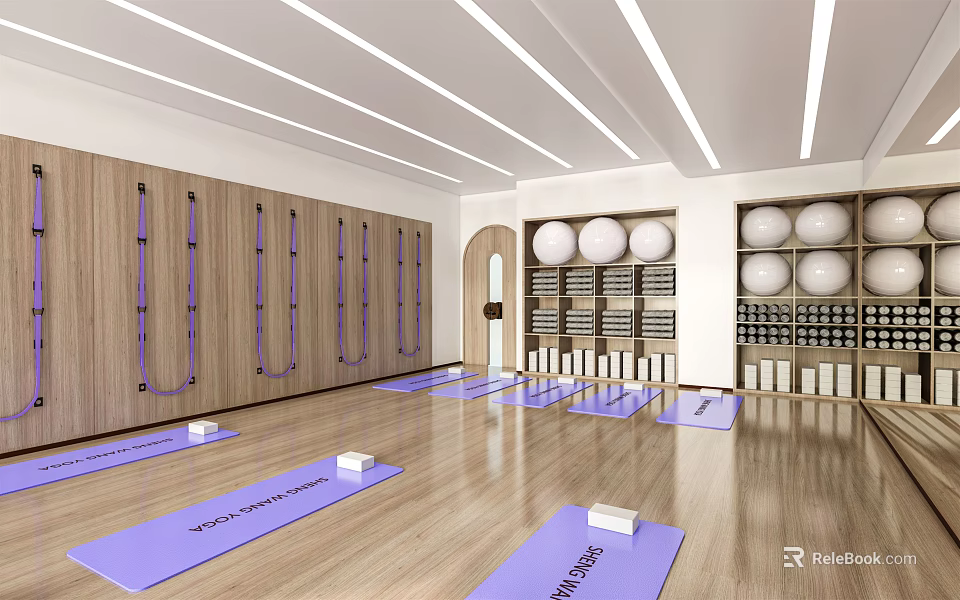 Modern Yoga Studio With Purple Mats Hanging Resistance Bands Yoga Balls And Wooden Floors 3d model 