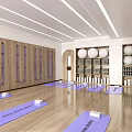 Modern Yoga Studio With Purple Mats Hanging Resistance Bands Yoga Balls And Wooden Floors
