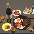 Delicious Assorted Food Spread With Pasta Grilled Hamburger Fried Eggs Cherries Apples And Red Wine