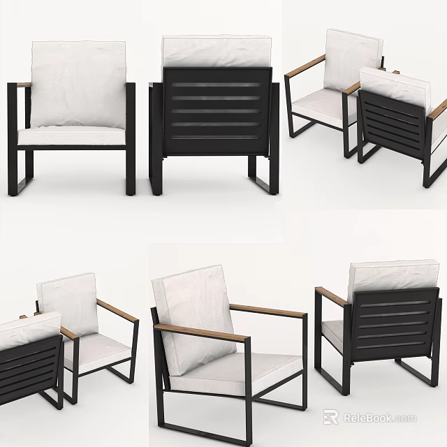 Modern Leisure Chair With Black Frame White Cushion And Wooden Armrest Details 3d model 