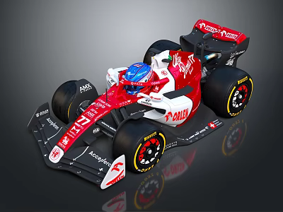Red and White Formula 1 Race Car with Pirelli Tires Cockpit and Rear Wing 3d model