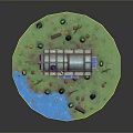 Wooden Mobile House With Tiled Roof Wheels Grass River And Mushrooms