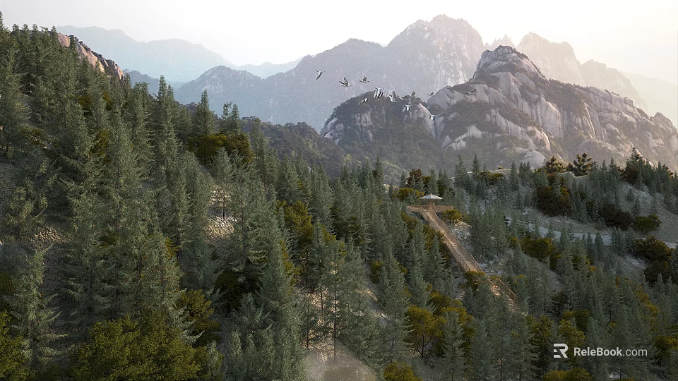 Gorgeous Natural Mountain Forest Landscape With Lush Pines Winding Path And Flying Birds Above Peaks 3d model 