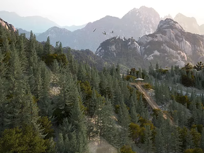 Gorgeous Natural Mountain Forest Landscape With Lush Pines Winding Path And Flying Birds Above Peaks 3d model