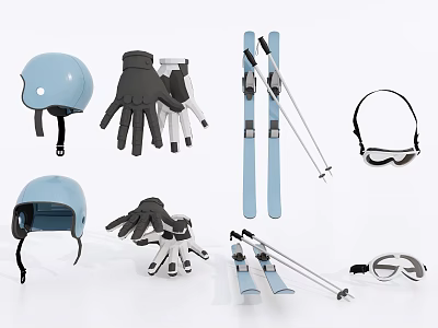 Essential Skiing Sports Equipment With Helmet Gloves Skis Poles And Goggles 3d model