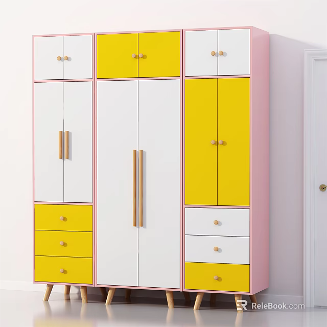 Colorful Modern Wardrobe With Yellow White And Pink Cabinet Doors And Drawers 3d model 