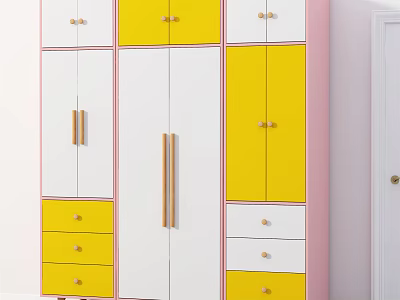 Colorful Modern Wardrobe With Yellow White And Pink Cabinet Doors And Drawers 3d model