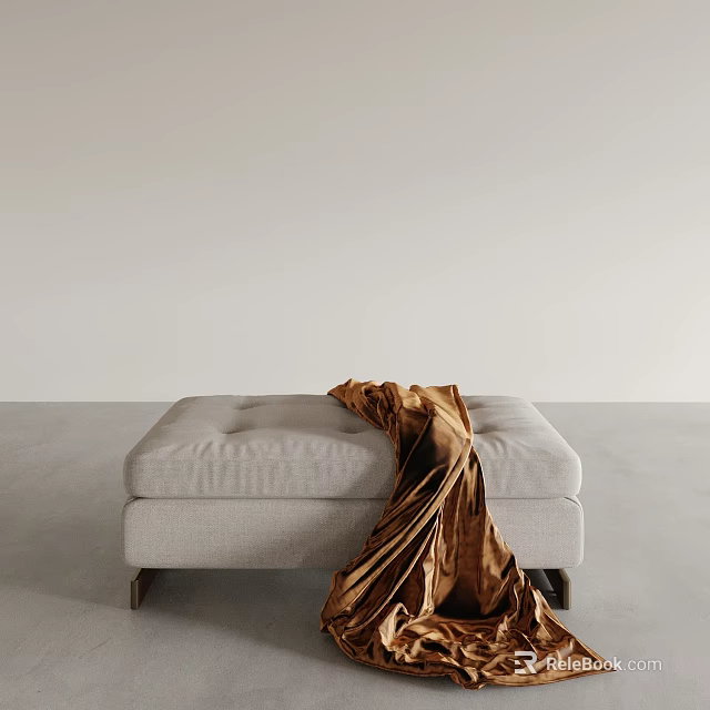 Light Gray Linen Upholstered Sofa Bench With Metal Legs And Golden Fabric Draped 3d model 
