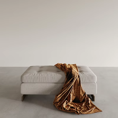 Light Gray Linen Upholstered Sofa Bench With Metal Legs And Golden Fabric Draped 3d model