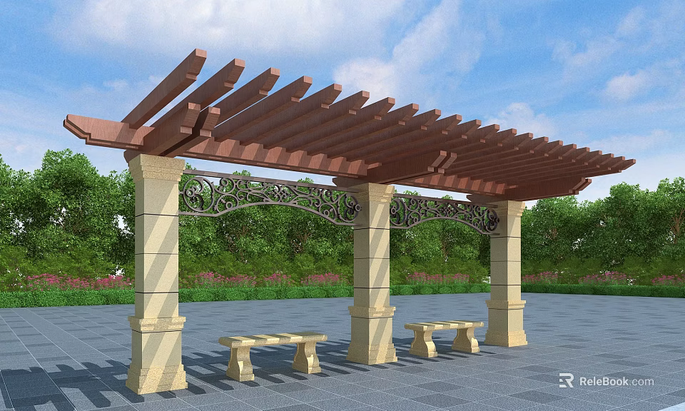 Wooden Slatted Pergola with Stone Pillars Ornate Carvings and Outdoor Garden Stone Benches 3d model 