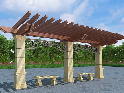 Wooden Slatted Pergola with Stone Pillars Ornate Carvings and Outdoor Garden Stone Benches 3d model