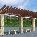 Wooden Slatted Pergola with Stone Pillars Ornate Carvings and Outdoor Garden Stone Benches
