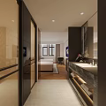 Long Hotel Guest Room Corridor With Patterned Carpet Light-Colored Walls And Recessed Lighting
