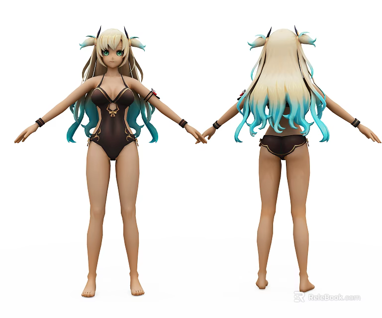 Game Movie Character Gold Blue Gradient Hair Black Bikini Horns Front Back View 3d model 