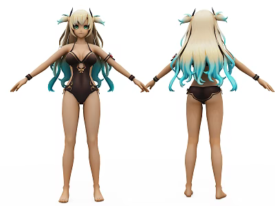 Game Movie Character Gold Blue Gradient Hair Black Bikini Horns Front Back View 3d model