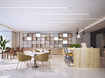 Modern Break Room Interior With Round Tables Chairs Green Plants Storage Shelves And Pendant Lights 3d model