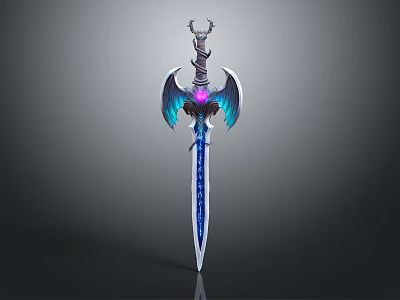 Winged Sword With Blue Glowing Blade Ornate Hilt And Purple Gemstone 3d model