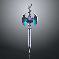 Winged Sword With Blue Glowing Blade Ornate Hilt And Purple Gemstone