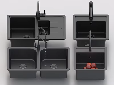 Black Kitchen Sinks With Different Designs Faucet And Fruit In Basin 3d model