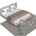 Modern Double Bed in Cozy Bedroom with Stuffed Elephant Toys Magazine Slippers and Gray Carpet