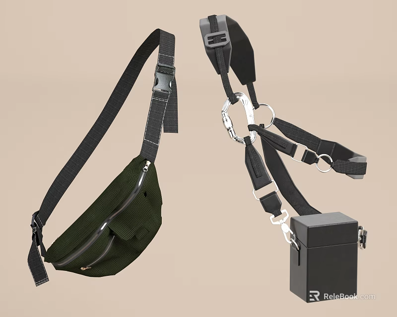 Dark Green Canvas Fanny Pack And Black Case With Adjustable Straps Metal Buckles Pockets 3d model 