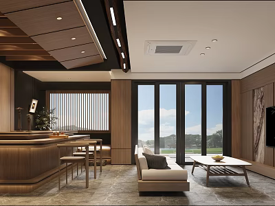Modern Lounge Interior With Beige Sofa Wooden Coffee Table And Floor to Ceiling Windows 3d model