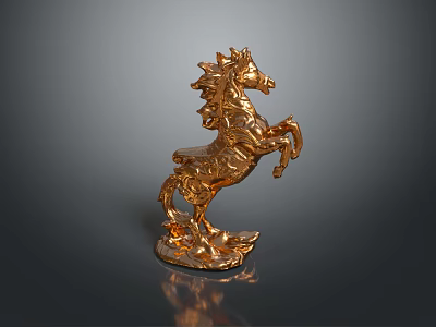 Golden Horse Figurine in Rearing Stance with Intricate Details and Shiny Base on Dark Background 3d model