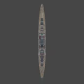 Detailed Military Battleship With Turrets Mast And Red Hull Structure