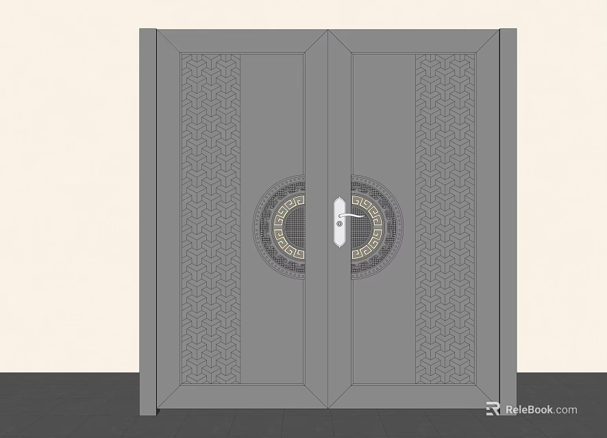 Gray Patterned Double Main Door with Circular Decoration and Handle Design 3d model 
