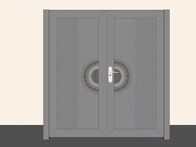 Gray Patterned Double Main Door with Circular Decoration and Handle Design 3d model