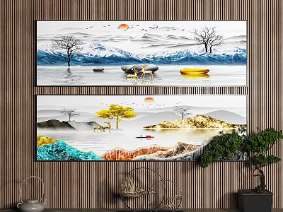 Traditional Chinese Landscape Paintings With Mountains Water Trees Boats Deer And Sun 3d model