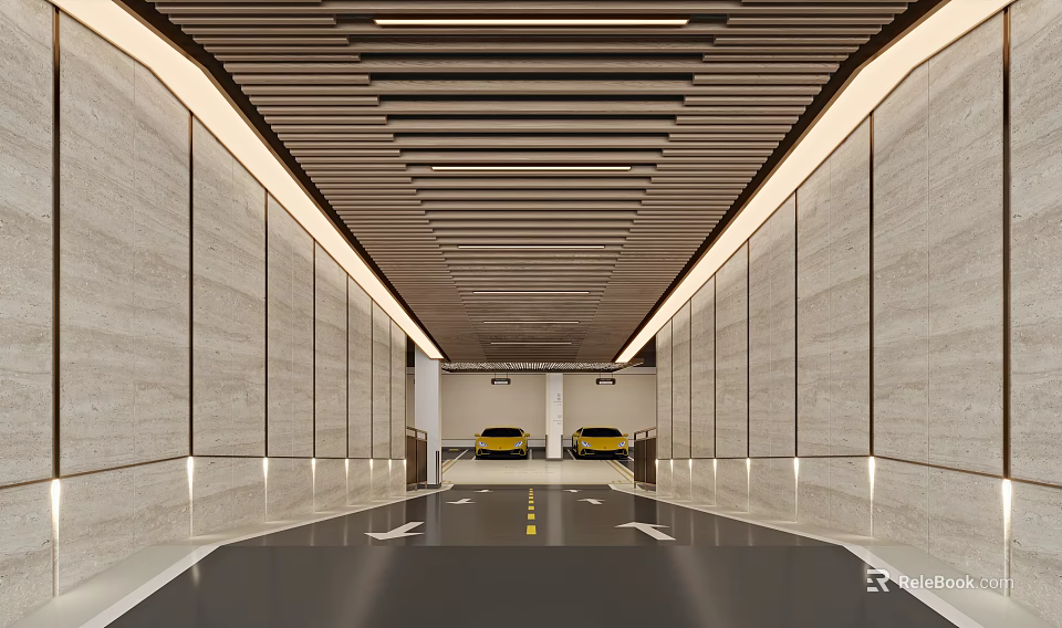 Modern Underground Parking Garage With Stone Walls Wooden Ceiling And Yellow Cars 3d model 