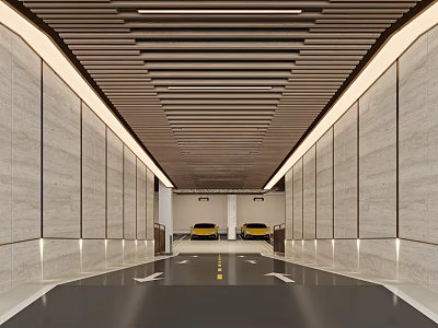 Modern Underground Parking Garage With Stone Walls Wooden Ceiling And Yellow Cars 3d model