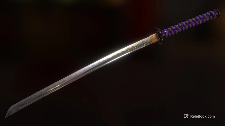 Sharp Silver Samurai Sword With Purple And White Wrapped Handle And Metallic Sheen 3d model 