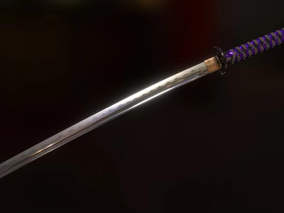 Sharp Silver Samurai Sword With Purple And White Wrapped Handle And Metallic Sheen 3d model
