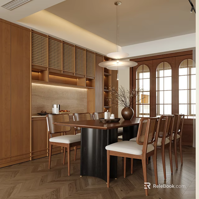 Warm Restaurant Interior With Wooden Cabinets Dining Table Chairs And Arched Windows 3d model 