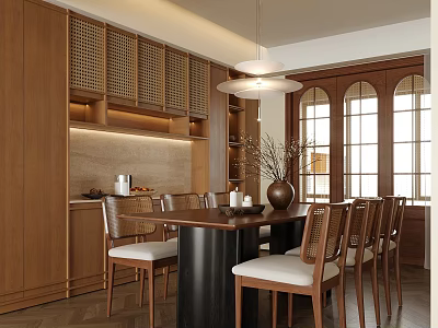 Warm Restaurant Interior With Wooden Cabinets Dining Table Chairs And Arched Windows 3d model