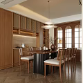 Warm Restaurant Interior With Wooden Cabinets Dining Table Chairs And Arched Windows