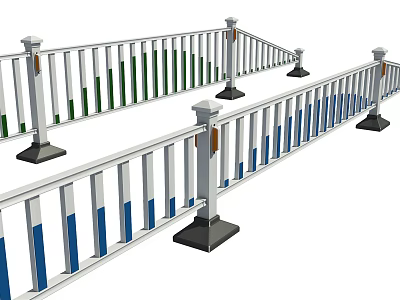 Colorful Striped Outdoor Railing Featuring White Frame Green Blue Panels And Black Bases 3d model