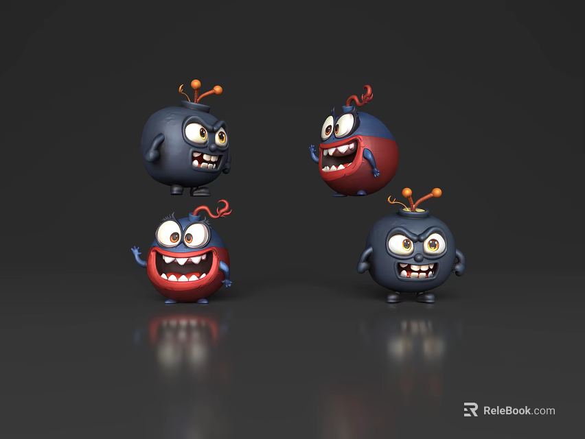 Playful Cartoon Weapons Wielded By Three Exaggerated Expression Red Blue Monsters Interacting 3d model