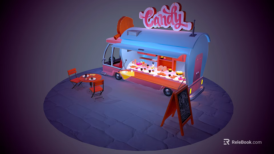 Pink And Blue Candy Food Truck With Sign Various Candies Tables Chairs And Chalkboard Menu 3d model 