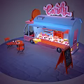 Pink And Blue Candy Food Truck With Sign Various Candies Tables Chairs And Chalkboard Menu