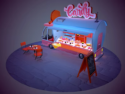 Pink And Blue Candy Food Truck With Sign Various Candies Tables Chairs And Chalkboard Menu 3d model