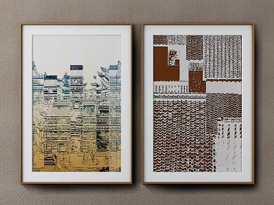 Framed Abstract Paintings With Geometric Patterns Textures And Blue Brown Tones 3d model