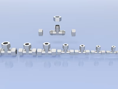 Multiple Metal Pipe Fittings Including Tees and Nuts Arranged on Blue Background with Reflections 3d model