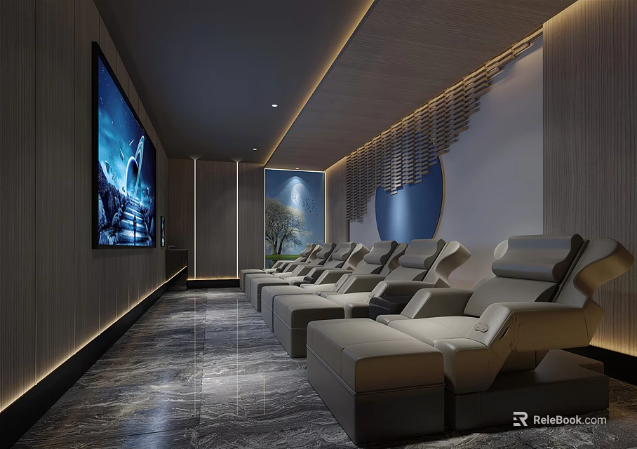 Luxury SPA Sauna Interior With Relaxing Recliner Chairs Marble Floor And Ambient Lighting 3d model 