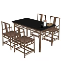 Traditional Chinese Style Dining Table Set With Black Tabletop And Four Wooden Chairs